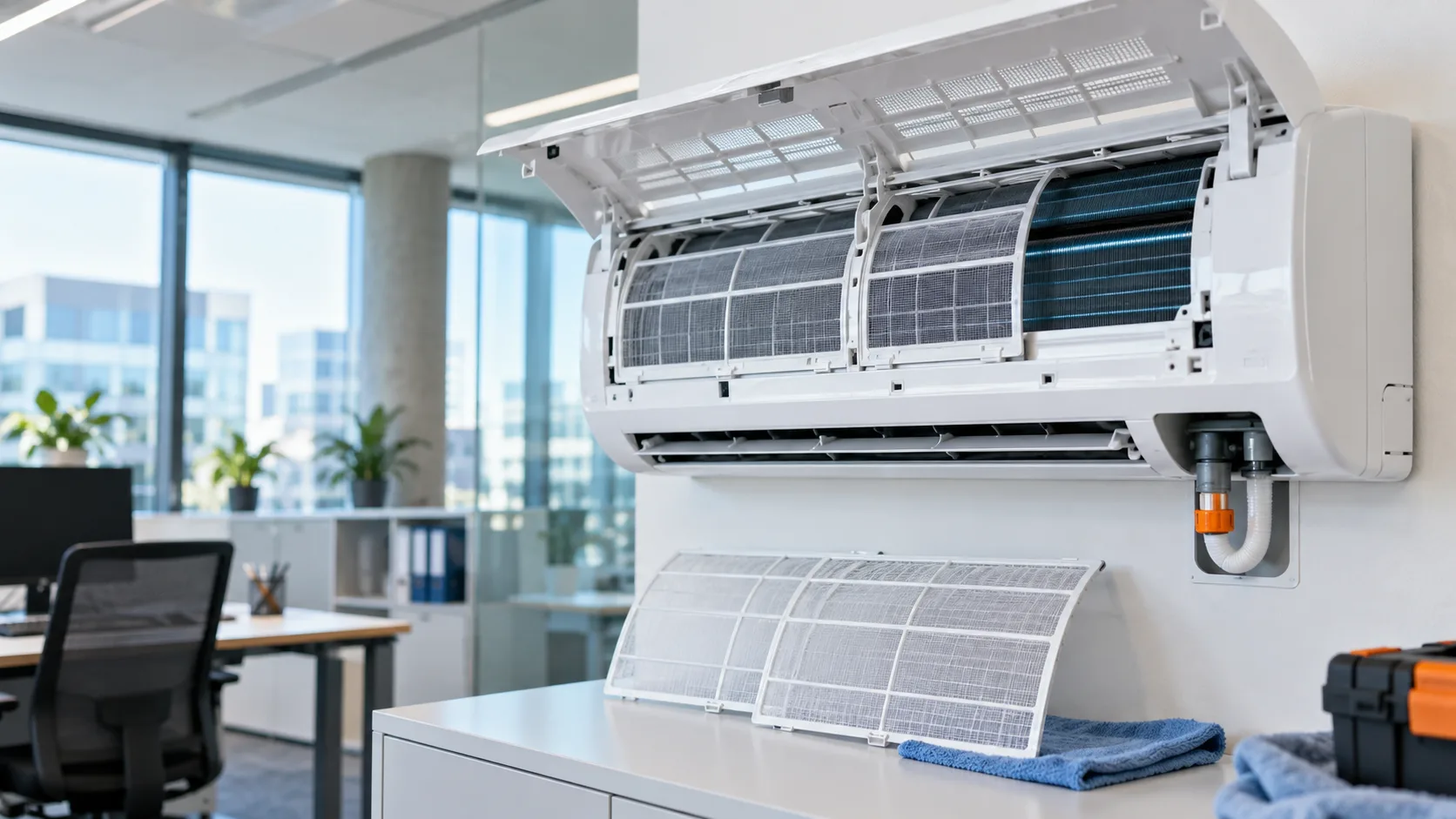 Geöffnetes Innengerät einer gewerblichen Klimaanlage mit sauberen Filtern im Büro