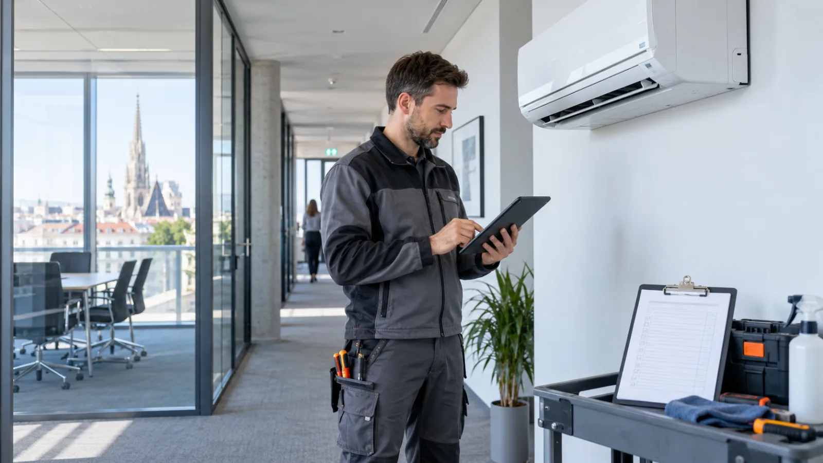 Servicetechniker prüft eine Split-Klimaanlage und dokumentiert die Wartung in einem Wiener Bürogebäude