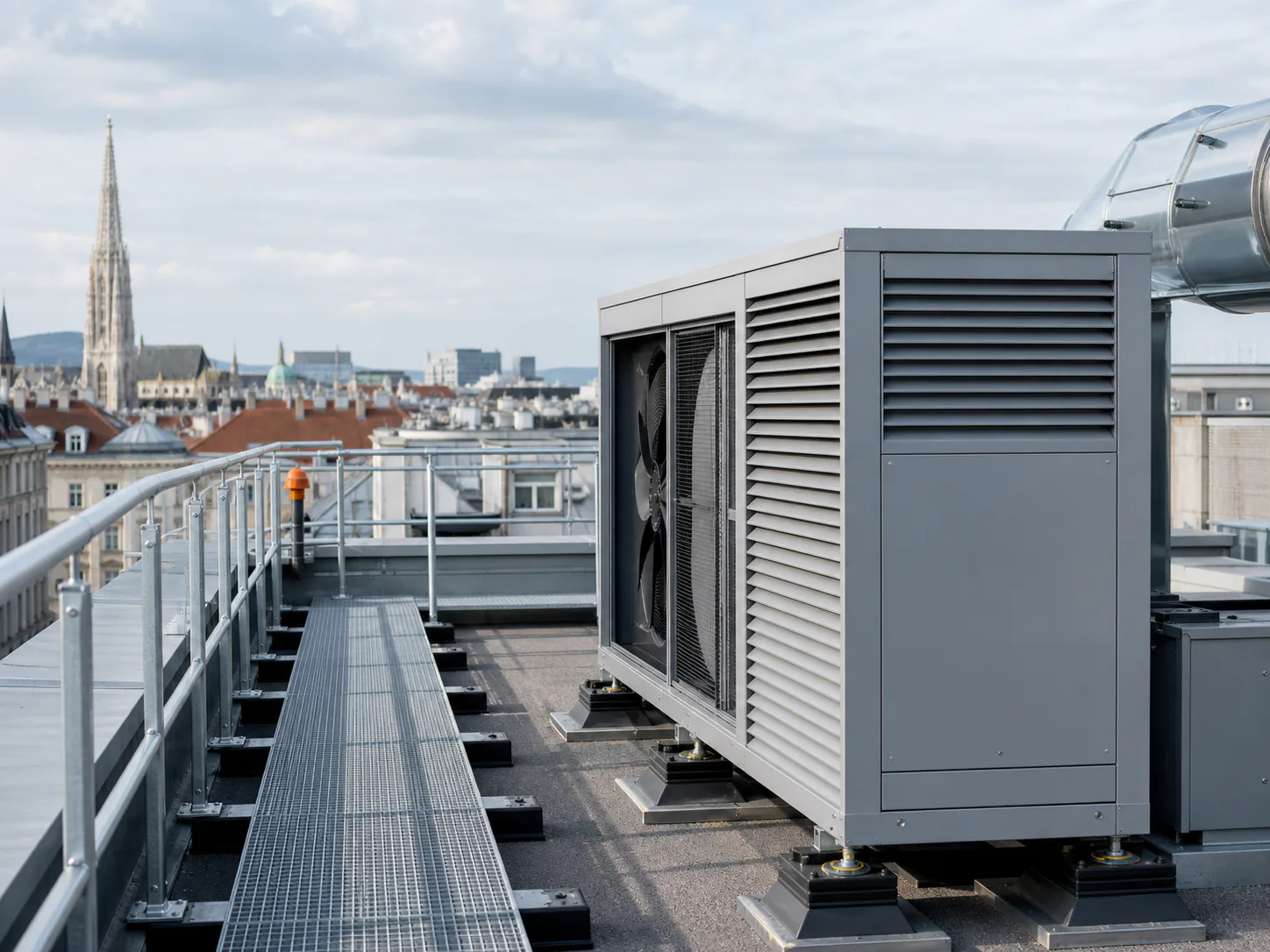 Außengerät einer Gewerbe-Klimaanlage auf einem Flachdach in Wien mit schallgedämmter Einhausung und wartungsfreundlichem Zugang