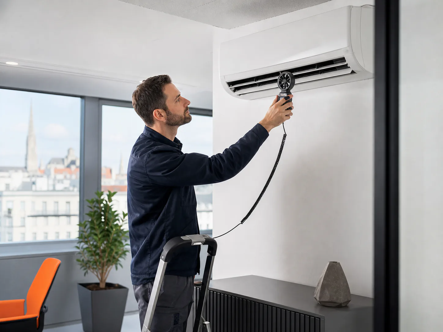 Techniker montiert ein Innengerät einer Klimaanlage in einem modernen Wiener Büro und prüft die Luftauslässe