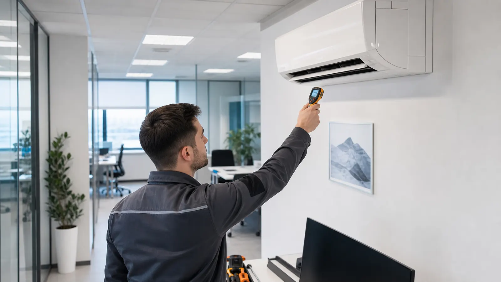 Servicetechniker misst die Ausblastemperatur an einem Wand-Splitgerät im Büro mit einem Infrarot-Thermometer
