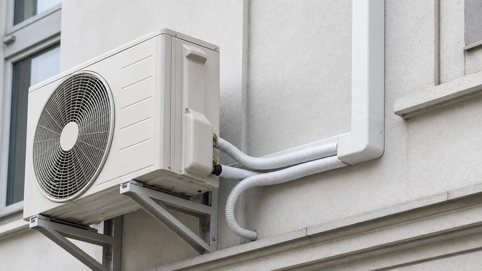 Außengerät einer Split-Klimaanlage an einer Gebäudefassade; Kältemittelleitungen und Kondensatleitung sind sauber gedämmt und geführt