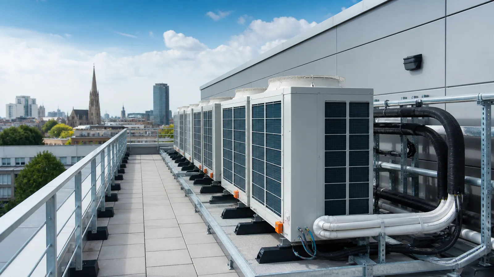 Außengeräte einer gewerblichen Klimaanlage auf einem Bürogebäude-Dach; mehrere Kondensatoreinheiten sind sauber montiert und verrohrt