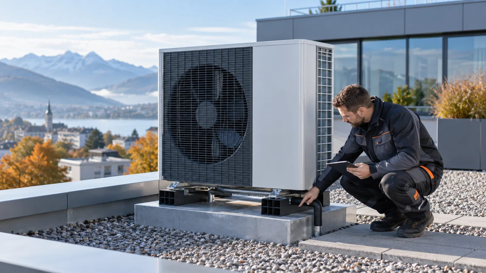 Außengerät einer Klimaanlage im sauberen Winterbetrieb auf einem Gewerbedach