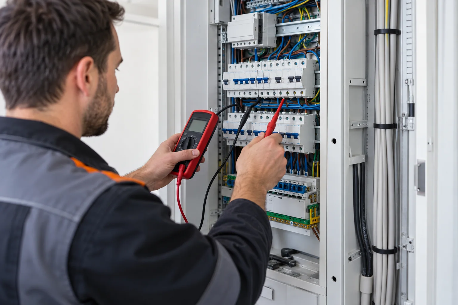 Elektrofachkraft prüft einen geordneten Wohnungsverteiler vor der Klimaanlagen-Planung