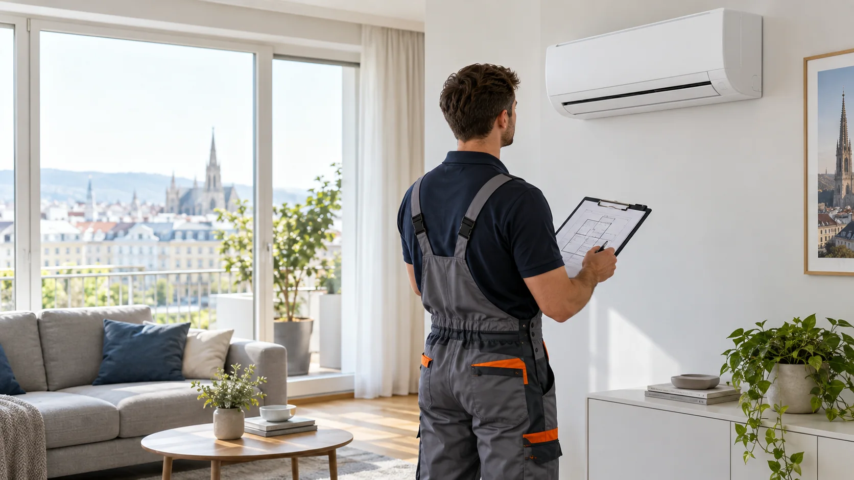 Fachkraft plant eine Split-Klimaanlage in einer Wiener Wohnung und prüft den elektrischen Anschluss