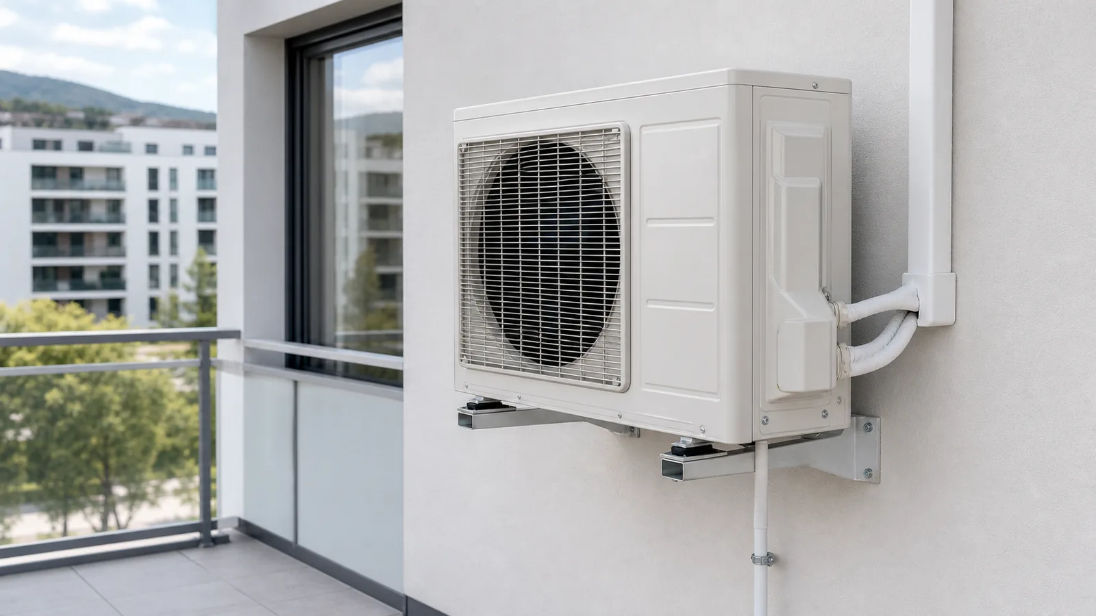 Außengerät einer Split-Klimaanlage am Balkon mit Vibrationsdämpfern und sauber geführten Leitungen