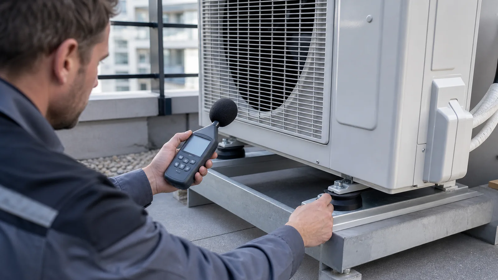 Techniker misst Geräusch und Vibration am Außengerät einer Split-Klimaanlage auf einem Balkon
