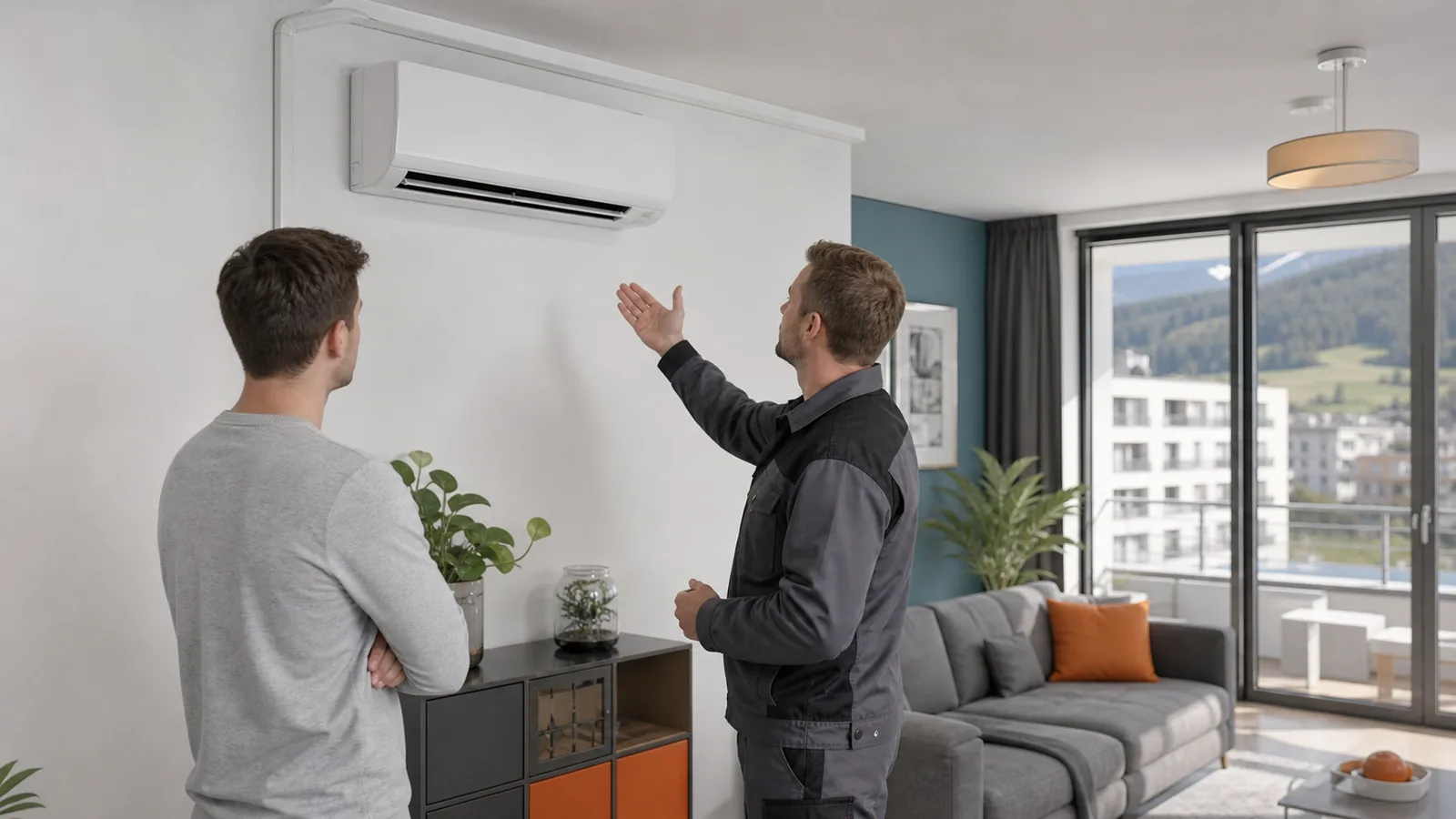 Wall-Split-Klimaanlage in einer Wohnung; Techniker erklärt die saubere Leitungsführung und den Kondensatablauf