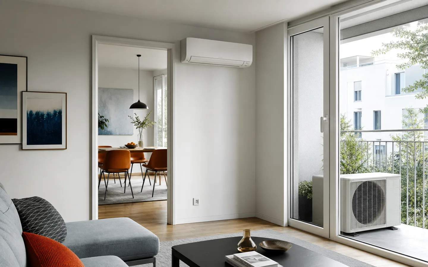 Split-Klimaanlage in einer österreichischen Wohnung mit Innengerät und Außeneinheit am Balkon