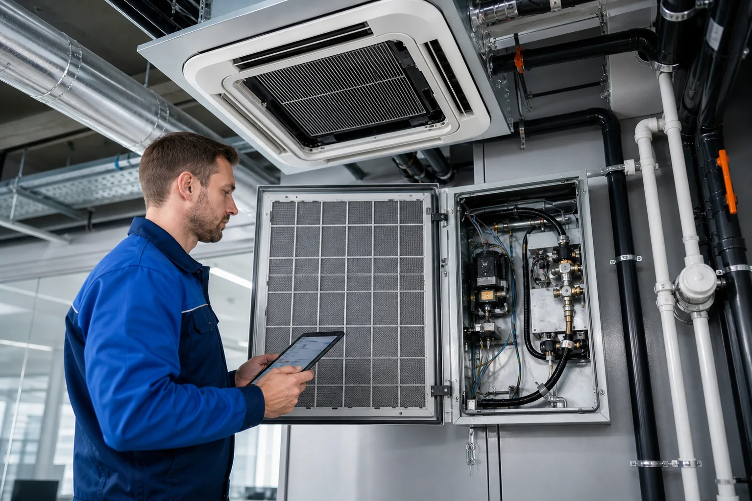 Geöffnete gewerbliche Klimaanlage mit sichtbaren Filtern und Servicepanel, während ein Techniker Messwerte dokumentiert