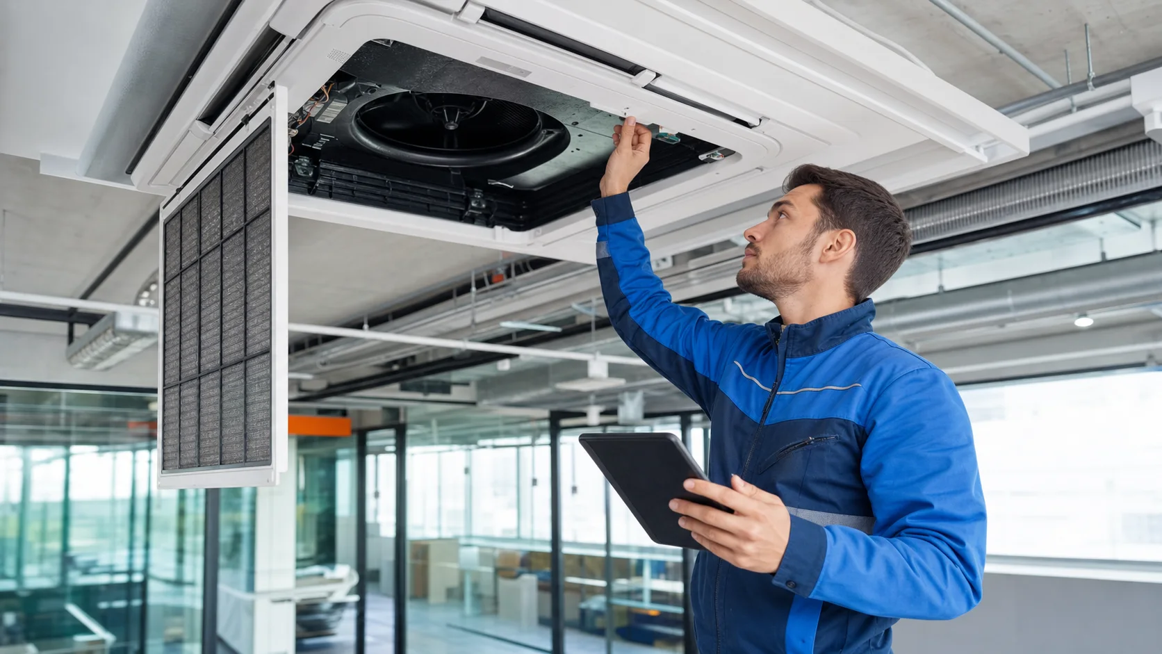Servicetechniker prüft eine gewerbliche Klimaanlage in einem modernen Büro-Technikbereich mit Tablet, geöffnetem Filterfach und sichtbarer Leitungsführung