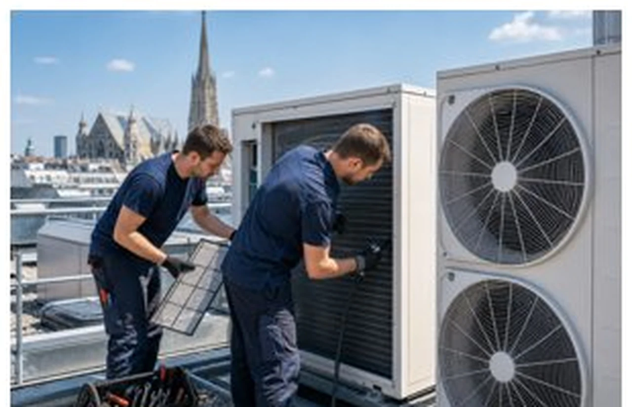 Servicetechniker prüft eine gewerbliche Klimaanlage mit Tablet, Messgerät und Wartungsprotokoll