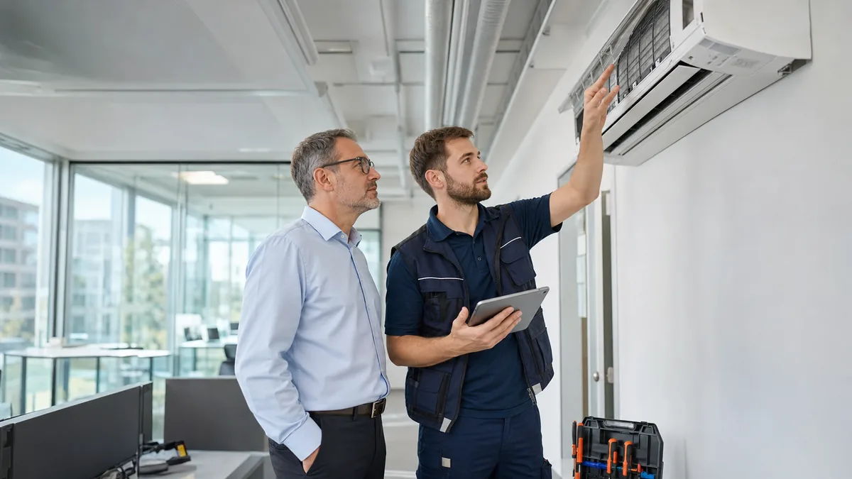 Klimaanlagenfirma in Wien prüft ein Splitgerät in einem Büro gemeinsam mit einem Betreiber