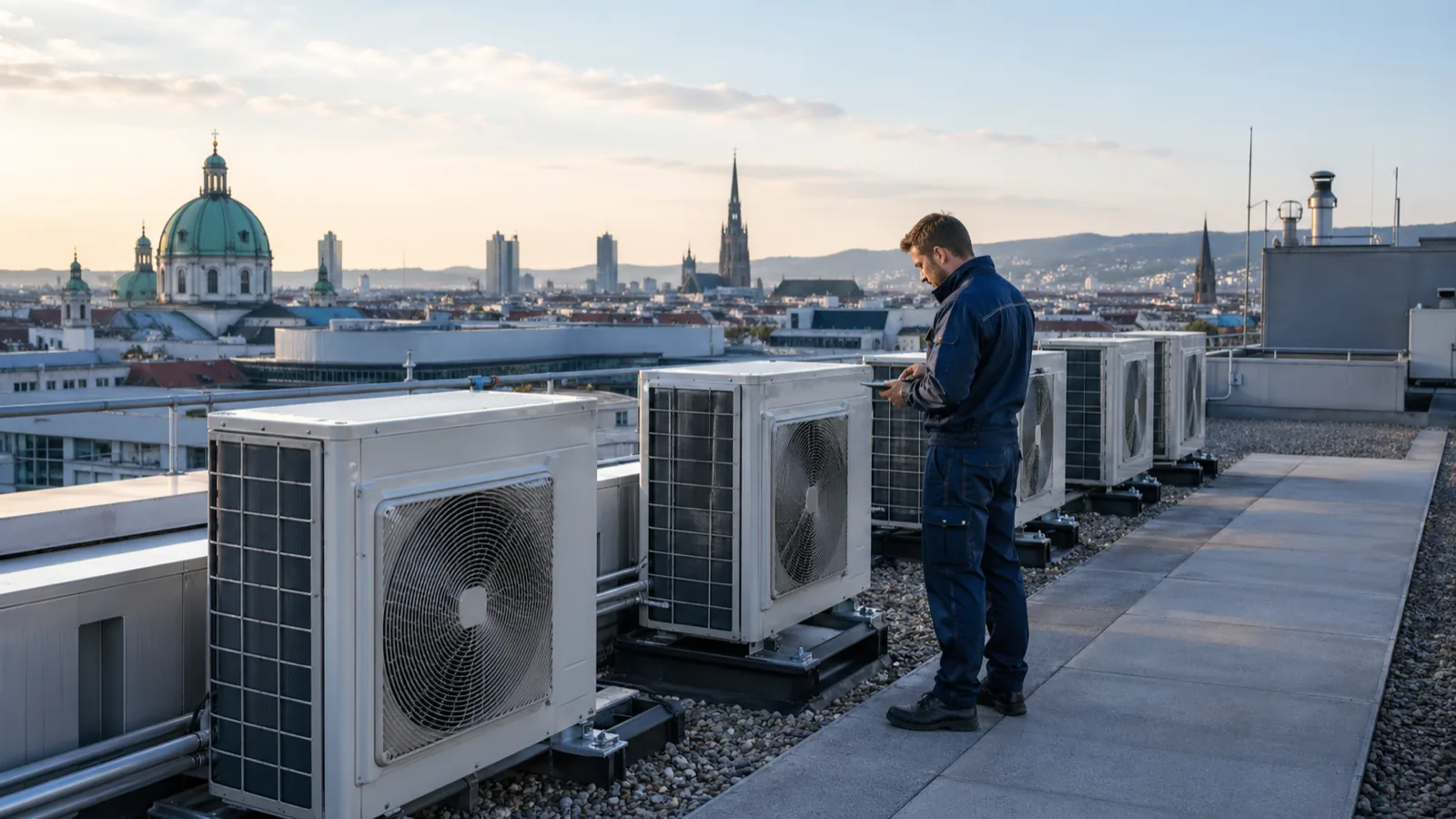 Techniker prüft Außengeräte einer gewerblichen Klimaanlage auf einem Flachdach in Wien