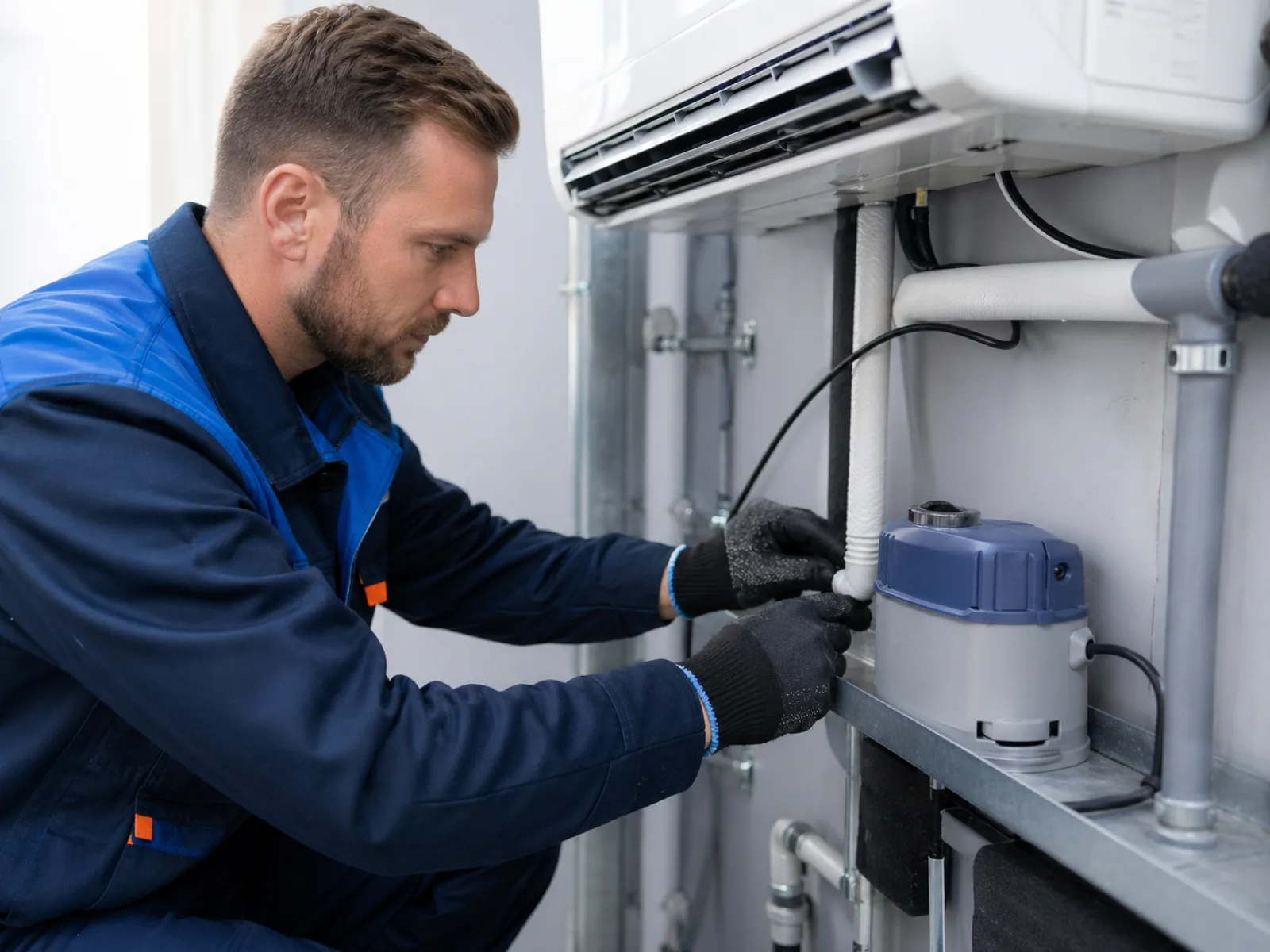 Techniker prüft einen Kondensatablauf und eine Kondensatpumpe an einem Innengerät