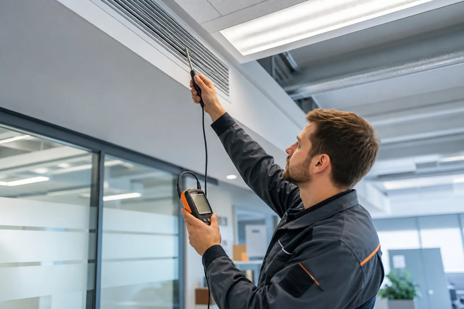 Techniker misst Lufttemperatur und Volumenstrom an einem Luftauslass in einem Wiener Buero