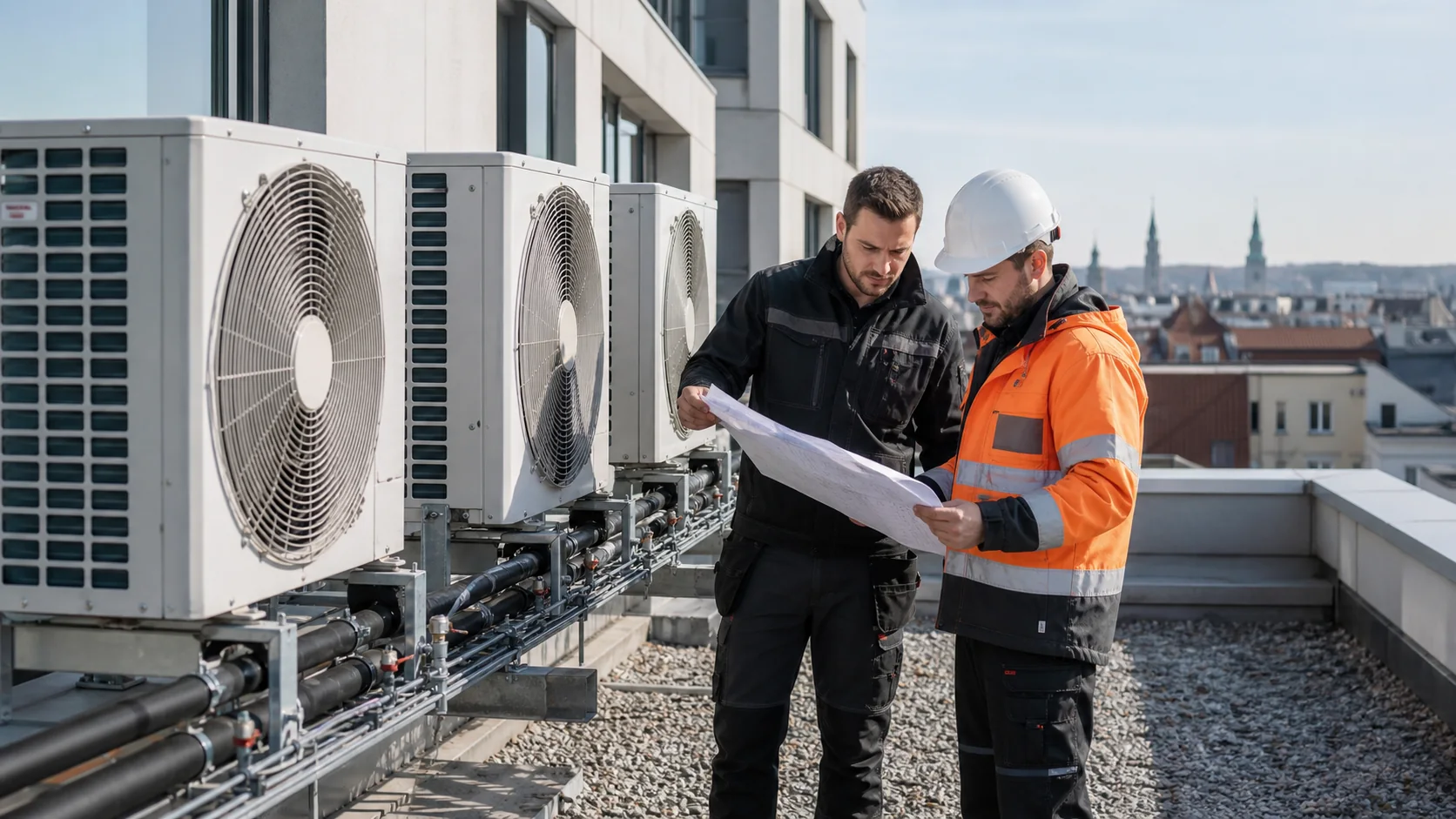 Technische Begehung auf einem Wiener Gewerbedach mit Klimageraeten, Leitungswegen und Projektplan