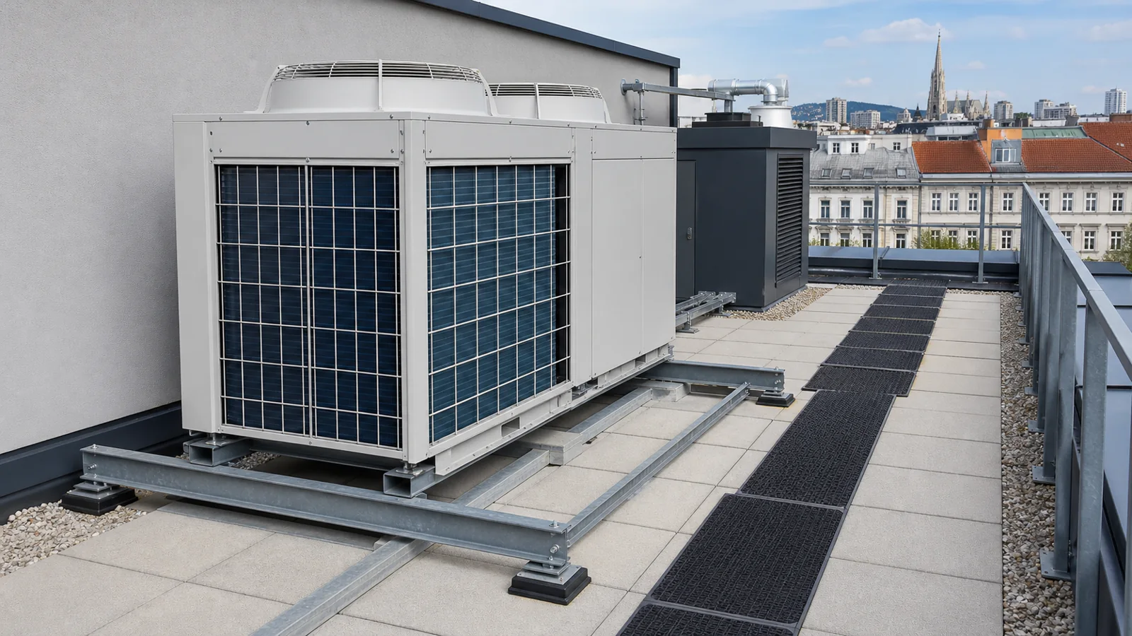 Aussengeraet einer Gewerbe-Klimaanlage auf einem Wiener Dach mit freiem Serviceabstand und Schwingungsdaempfung