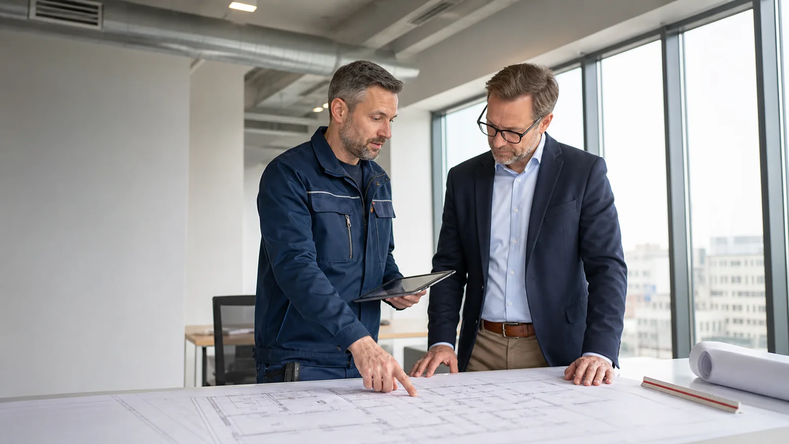 Klimatechniker bei der Begehung eines Wiener Gewerbeobjekts mit Grundriss und Lastdaten