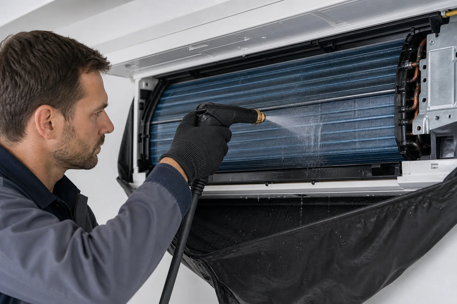 Servicetechniker reinigt den Verdampfer eines Innengeräts mit professionellem Equipment, ohne sichtbare Marken oder Schrift