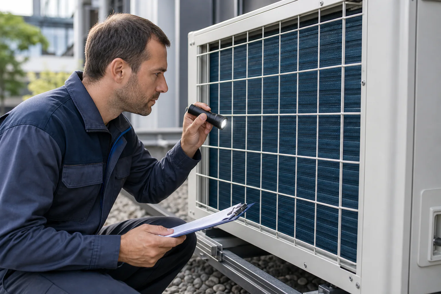 Außengerät einer Klimaanlage wird fachgerecht inspiziert; Lamellen sind sauber, Luftstrom ist frei, Umgebung wirkt professionell und B2B