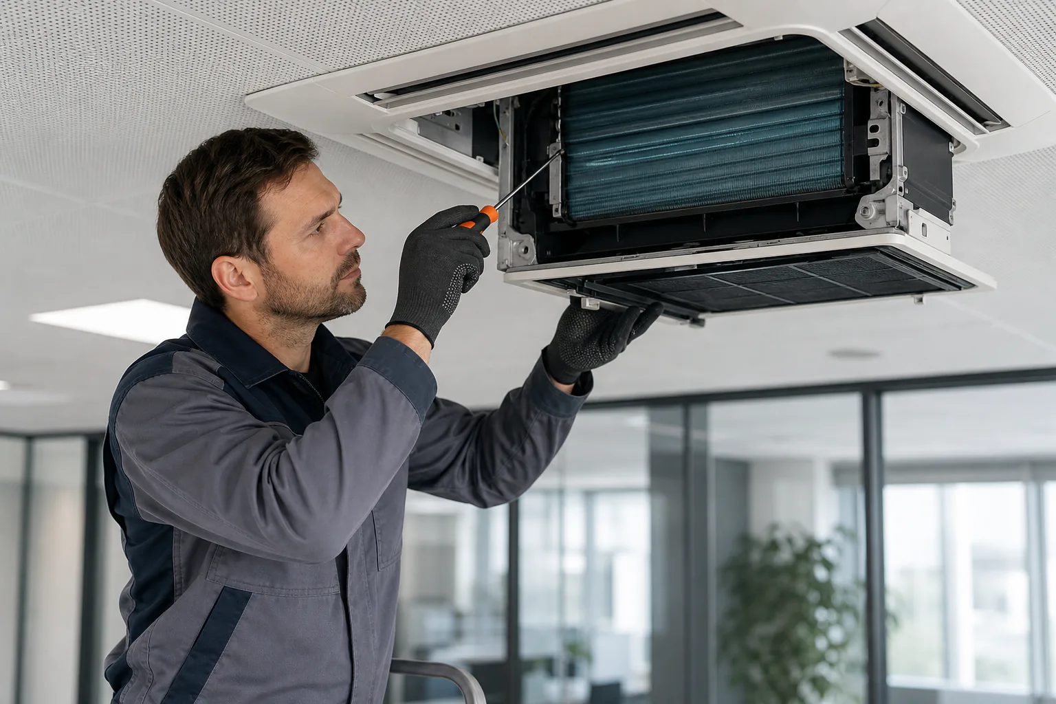 Servicetechniker wartet eine gewerbliche Klimaanlage und reinigt den Wärmetauscher am Innengerät in einem modernen Bürogebäude