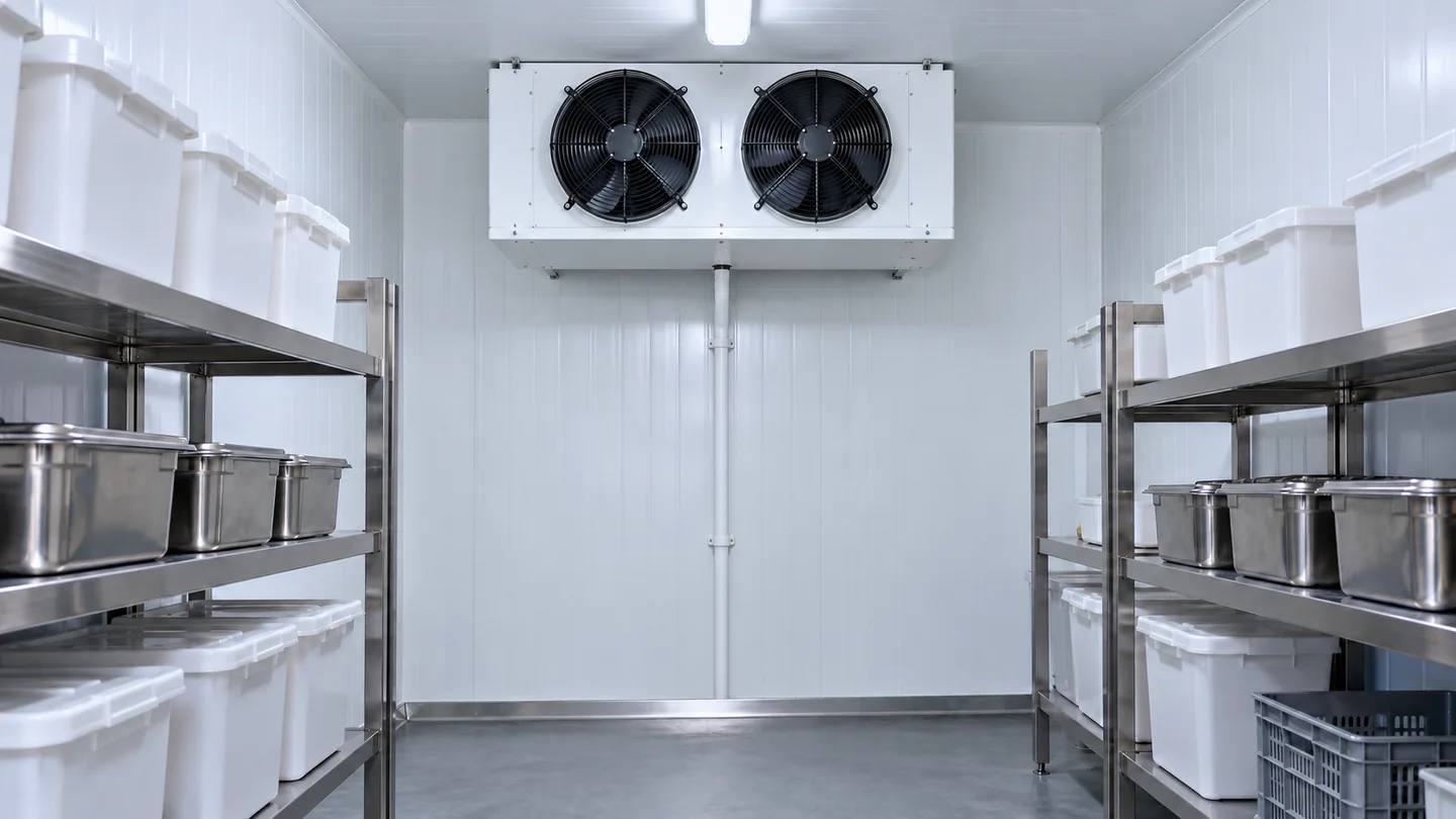 Luftkühler mit zwei Ventilatoren in einem Kühlraum mit freiem Gang und Abstand zur Lagerware