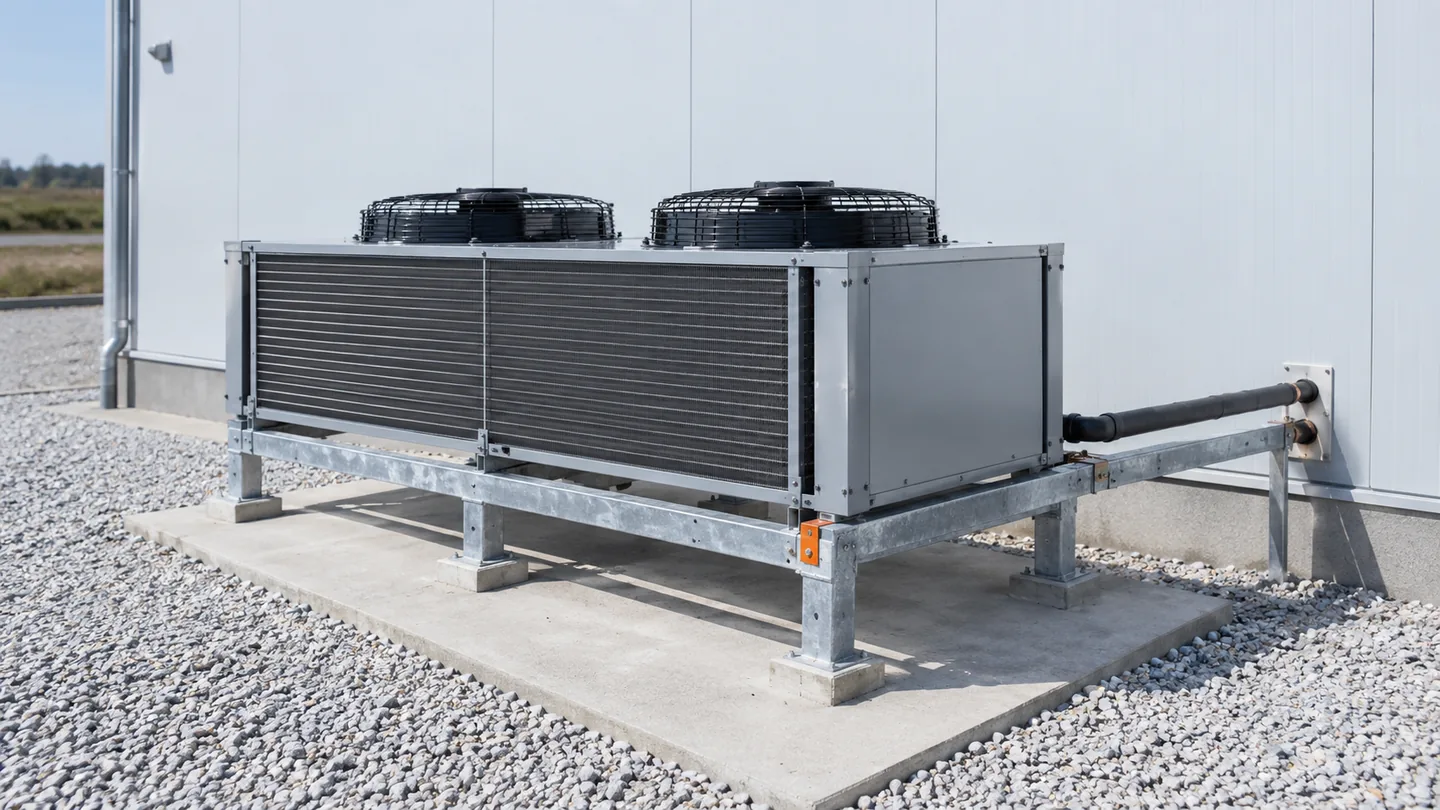 Luftgekühlter Verflüssiger im Freien mit zwei geschützten Ventilatoren und freien Ansaugflächen