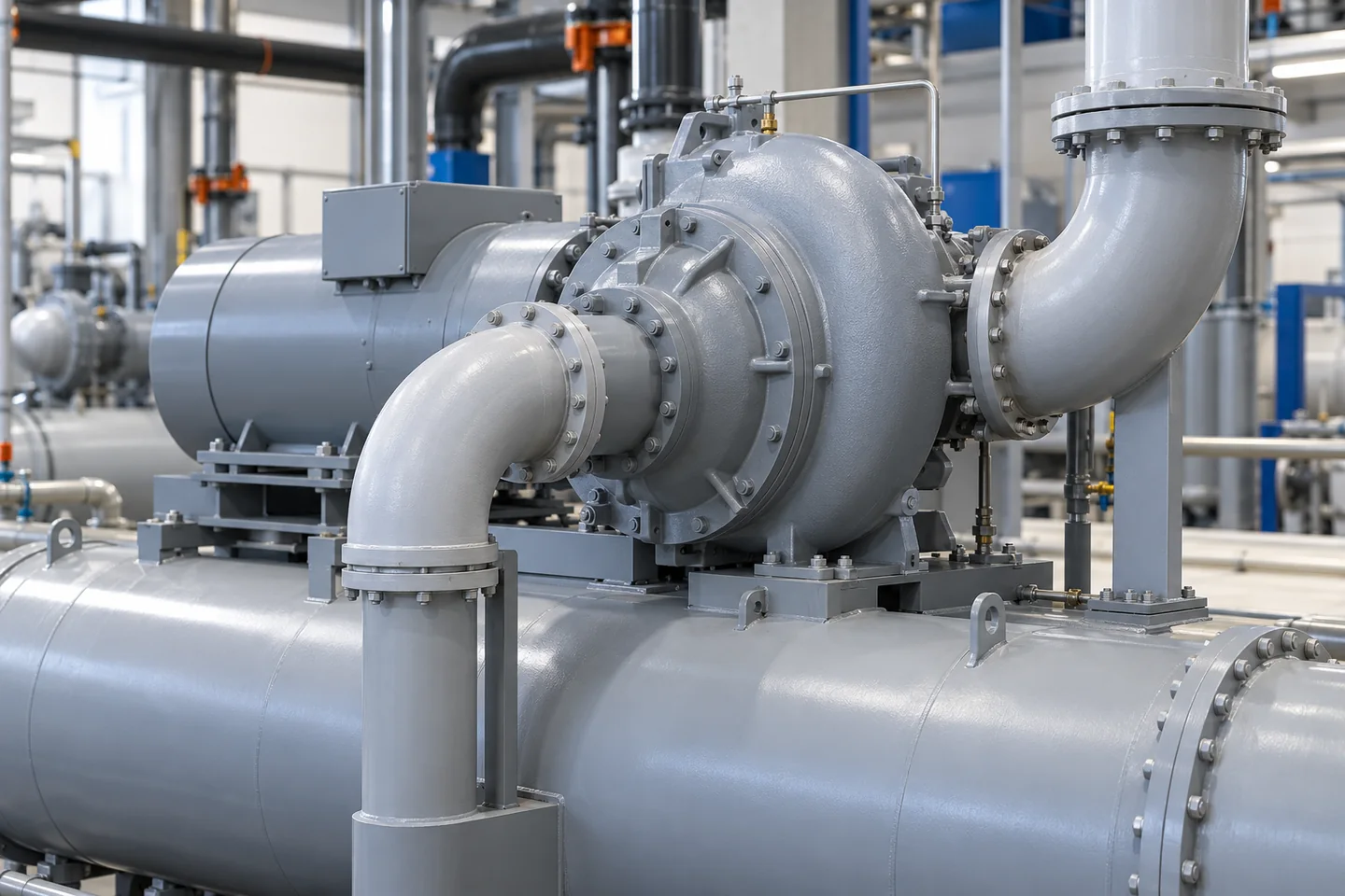 Geschlossenes Turboverdichtergehäuse mit Rohranschlüssen auf einem industriellen Kaltwassersatz