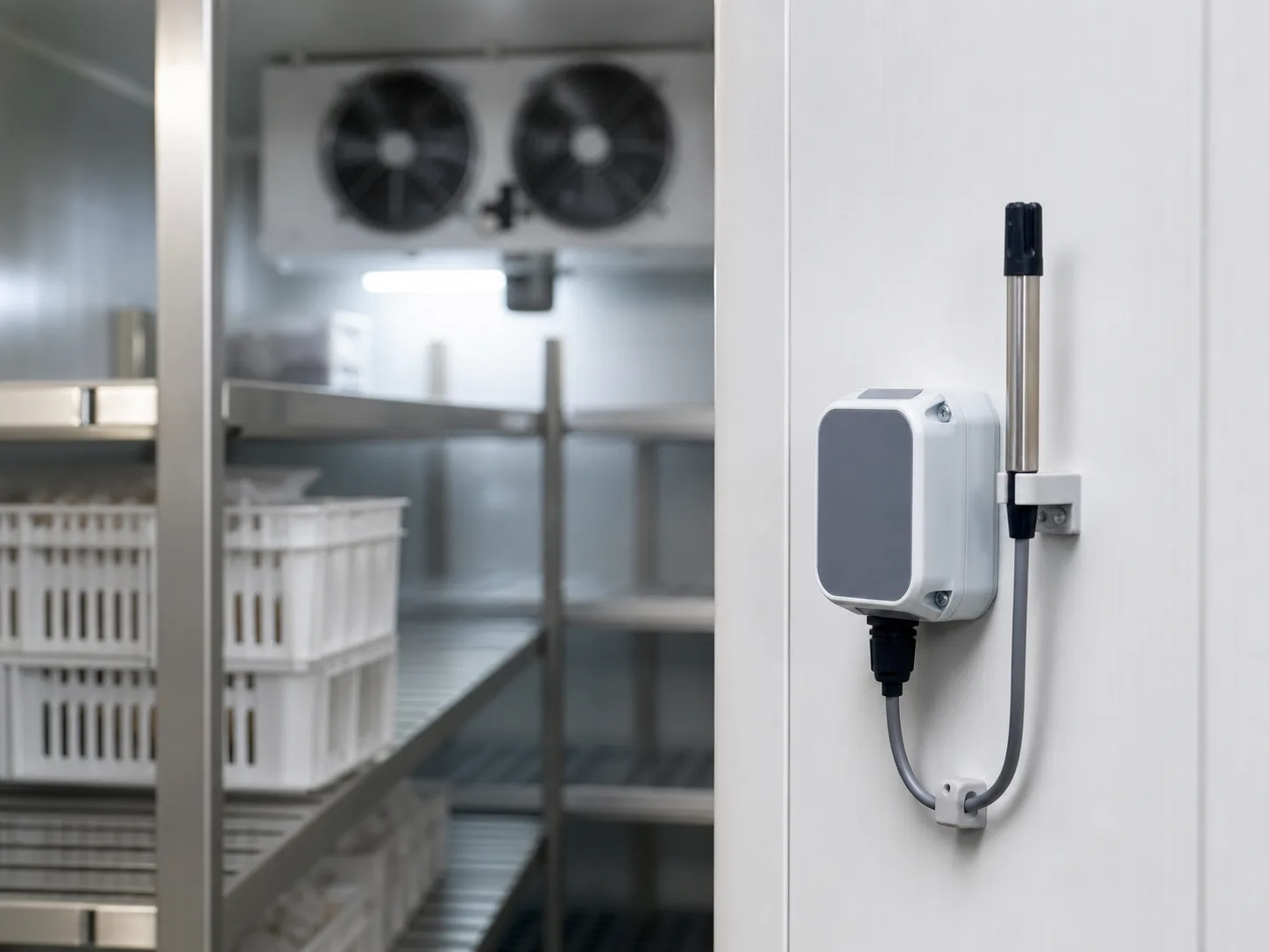 Temperaturfühler und Datenlogger an einer Kühlraumwand im Regalbereich; Verdampfer ist im Hintergrund sichtbar