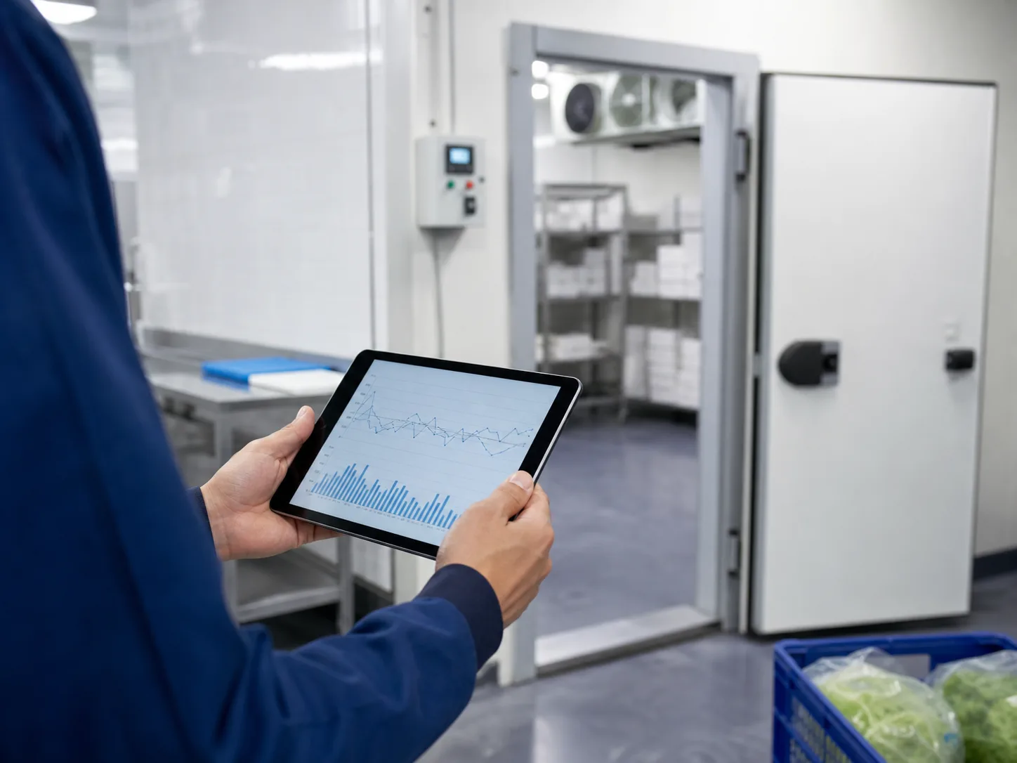 Mitarbeiter im Lebensmittelbetrieb kontrolliert digitale Temperaturkurven am Tablet vor einem Kühlraum