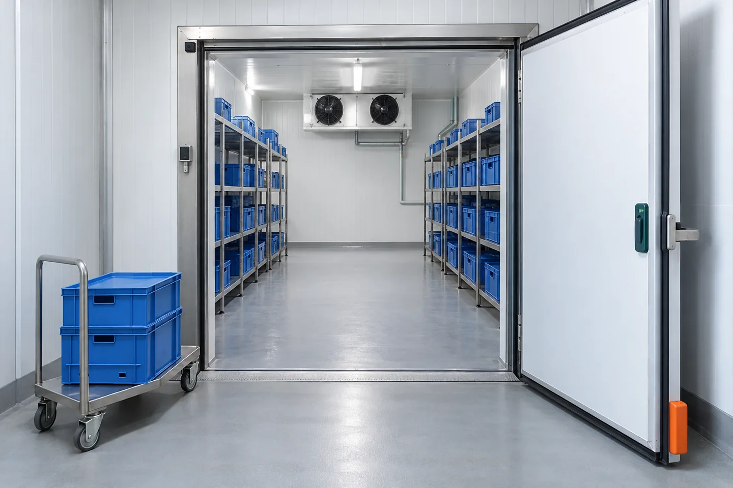 Blick durch die offene Kühlraumtür auf Regale, Warenkisten und einen Deckenverdampfer