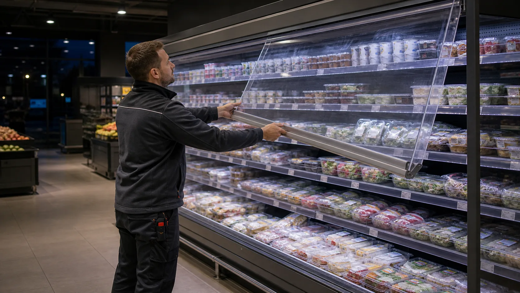 Mitarbeiter schließt transparente Nachtabdeckungen an einem offenen Kühlregal in einem Supermarkt während der Abendroutine