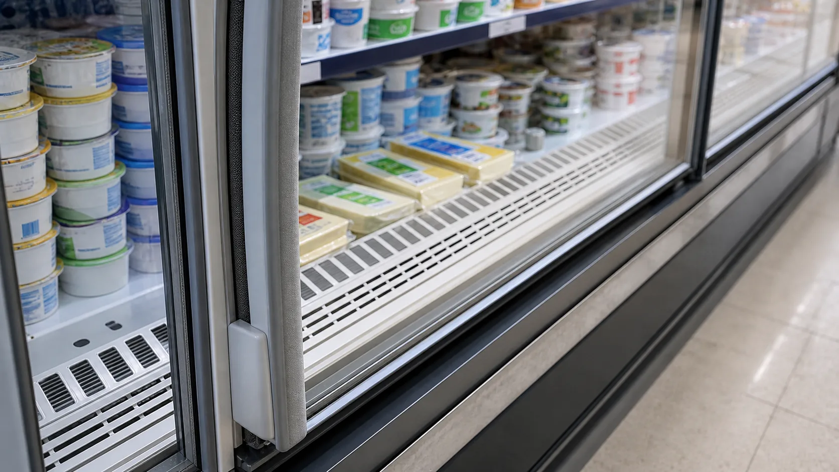 Detailaufnahme eines Supermarkt-Kühlmöbels mit intakter Türdichtung, sauberem Luftaustritt und kontrollierter Warenplatzierung