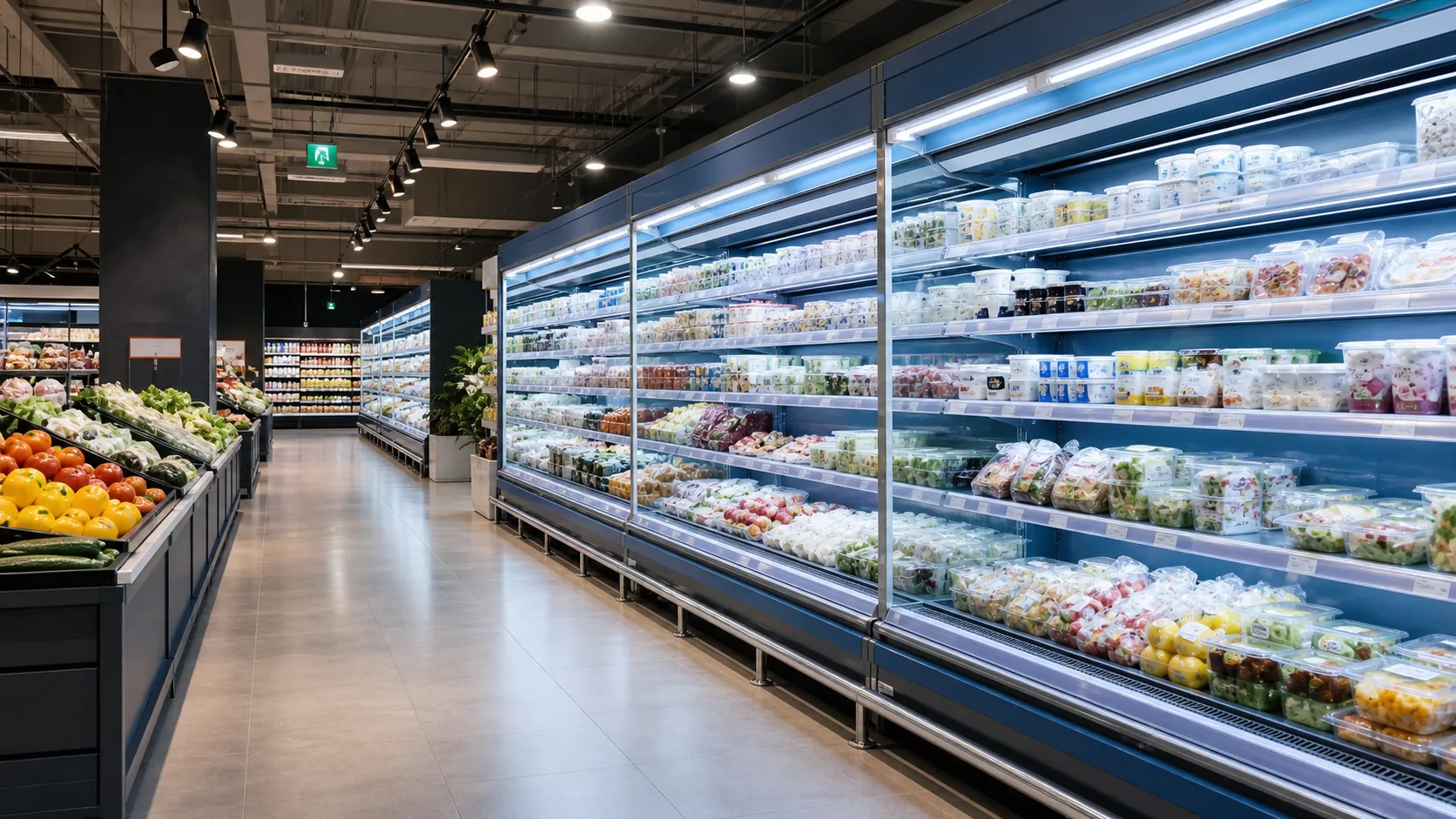 Offene Kühlmöbel in einem modernen Supermarkt mit LED-Beleuchtung, Nachtabdeckungen und Warenpräsentation im europäischen Lebensmittelhandel
