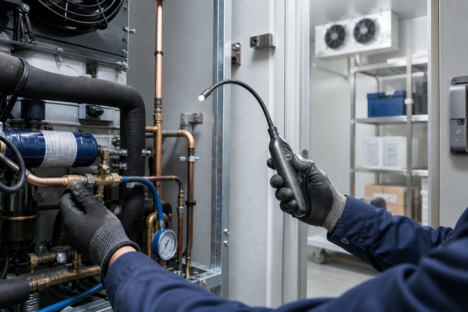 Servicetechniker prueft eine gewerbliche Kuehlanlage an einem Kuehlraum mit Fokus auf Wartung und Dichtheit