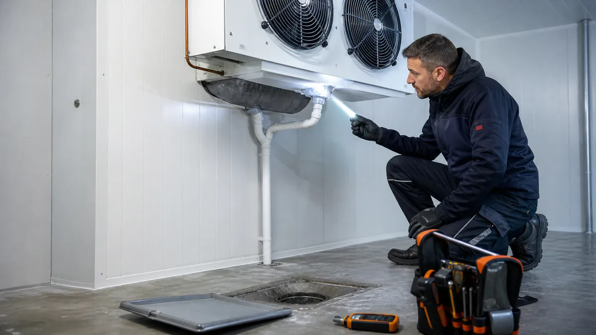 Techniker prüft den Kondensatablauf unter einem Verdampfer in einem gewerblichen Kühlraum