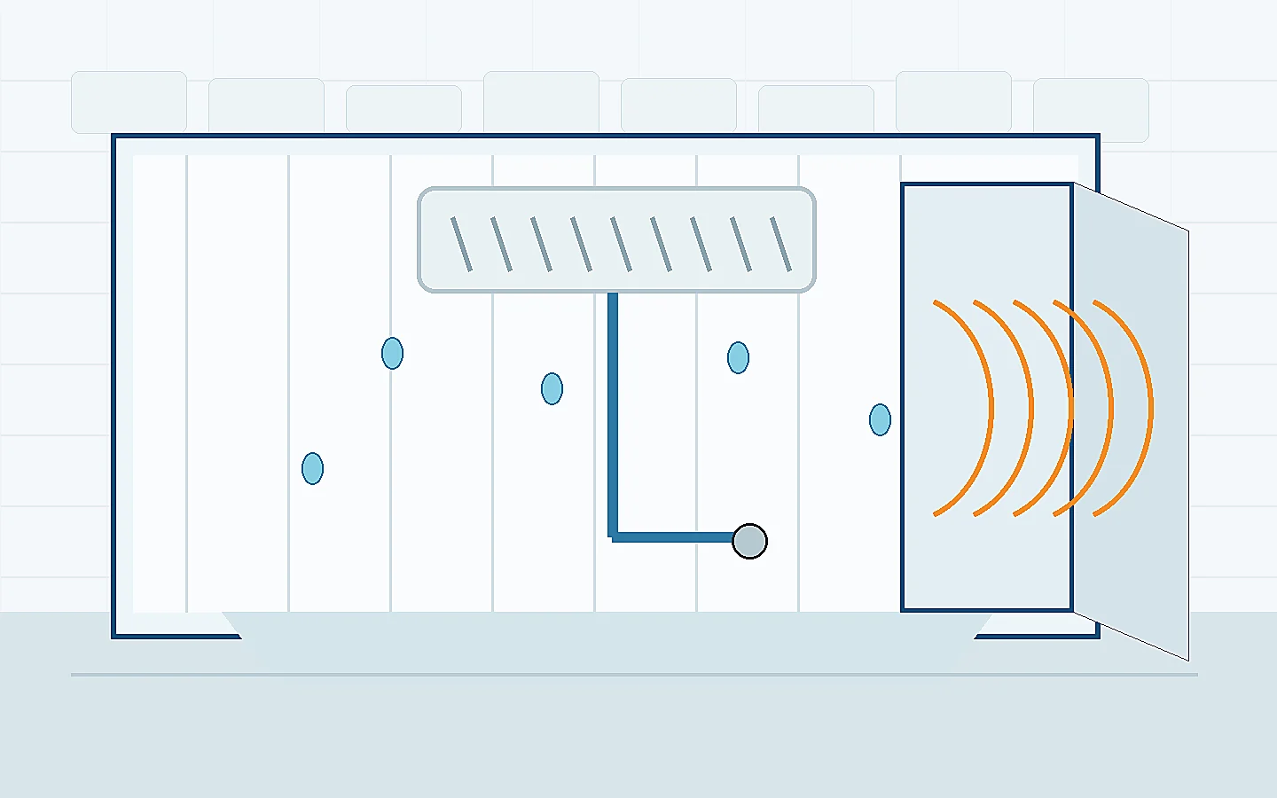 Technische Illustration eines Kühlraums mit Kondenswasser an Decke und Verdampfer