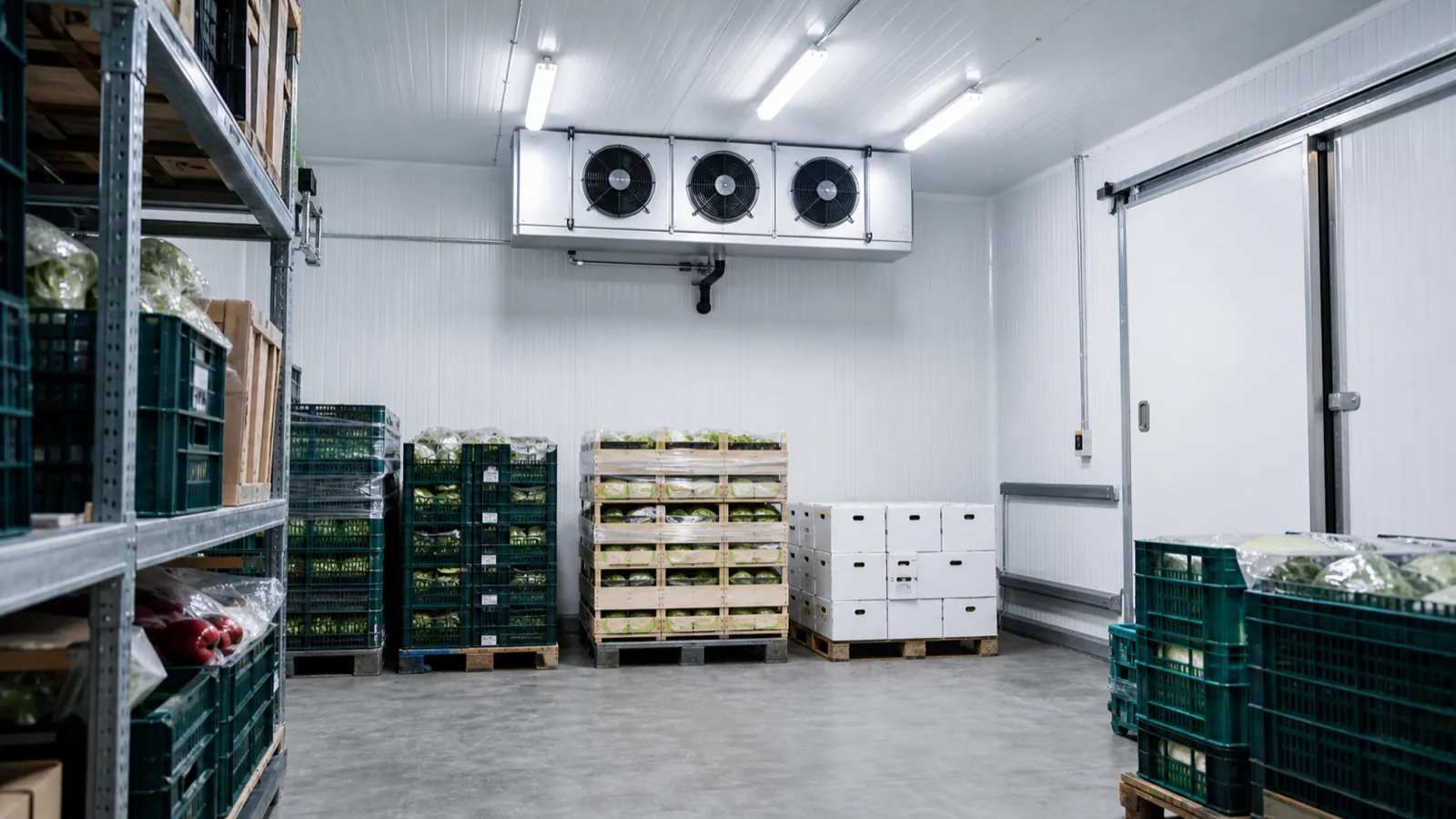 Gewerblicher Kühlraum mit Temperaturanzeige und geöffnetem Verdampferbereich
