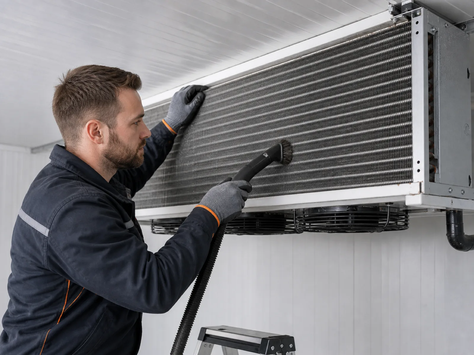 Techniker reinigt Lamellen eines Verdampfers im Kühlraum mit professionellem Werkzeug
