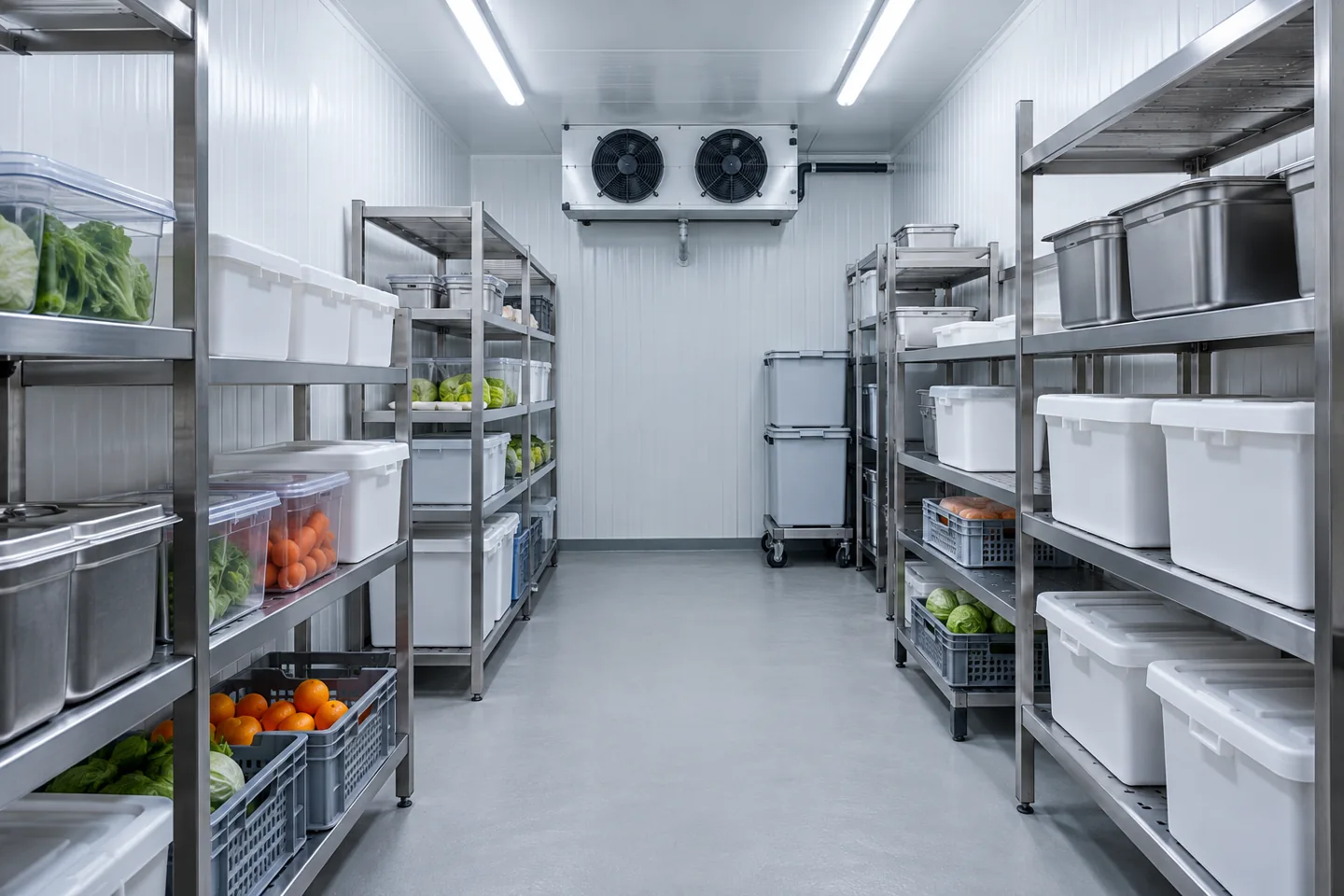 Kühlraum mit LED-Leuchten über freien Gängen und geordneten Regalen