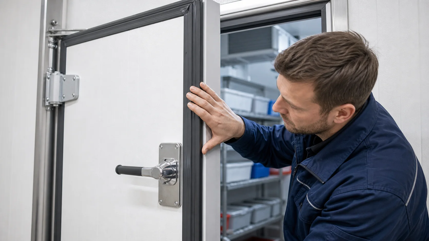 Techniker prueft Dichtung und Schliessverhalten einer gewerblichen Kuehlraumtuer