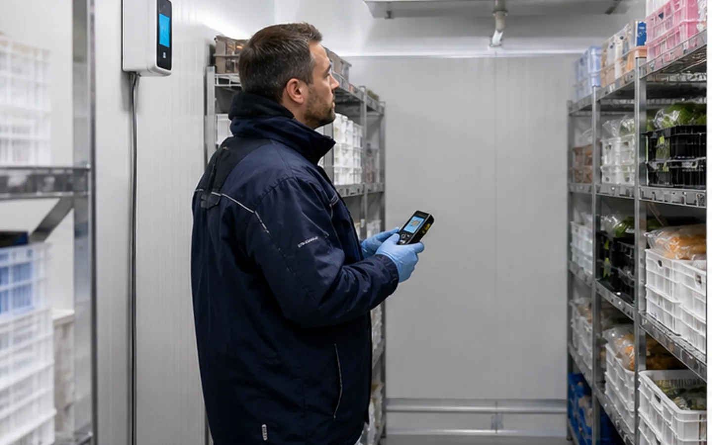Techniker kontrolliert Temperatur und Luftführung in einem gewerblichen Kühlraum