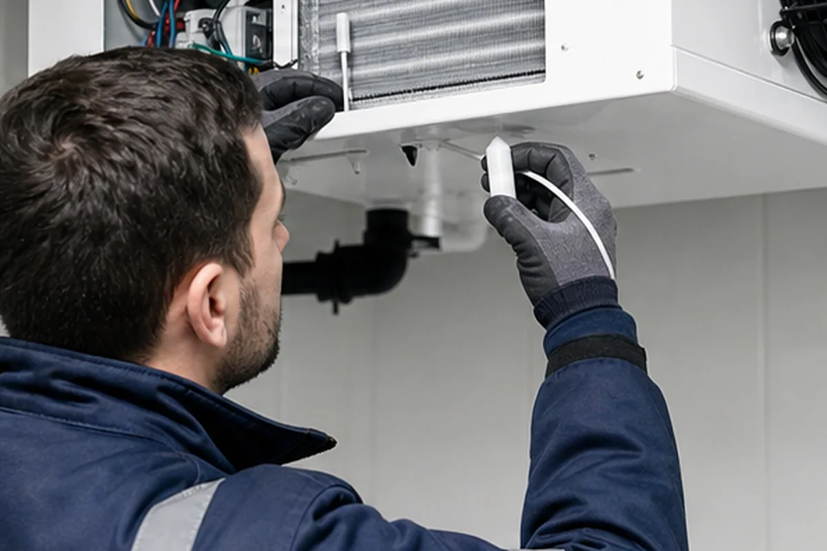 Kältetechniker prüft Fühler und Steuerung an einem Kühlraumverdampfer