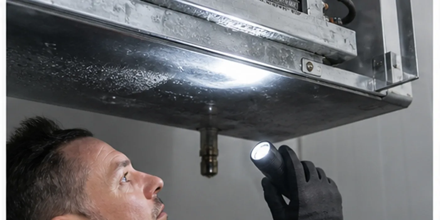 Techniker prüft Verdampfer und Ablaufbereich eines Kühlraums nach der Reinigung