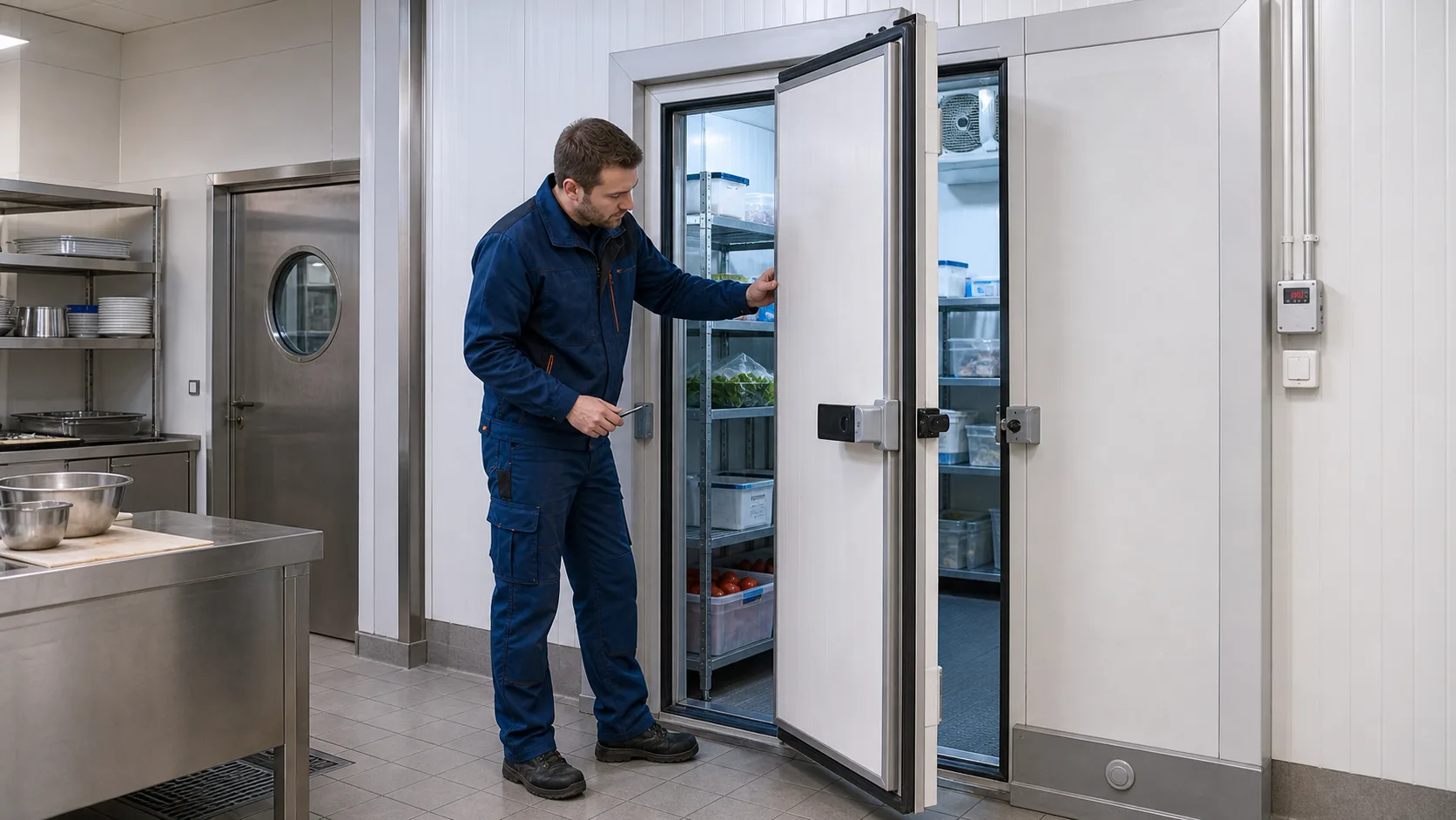 Offener gewerblicher Kuehlraum mit gepruefter Tuermechanik und Techniker bei der Funktionskontrolle der Sicherheitseinrichtung