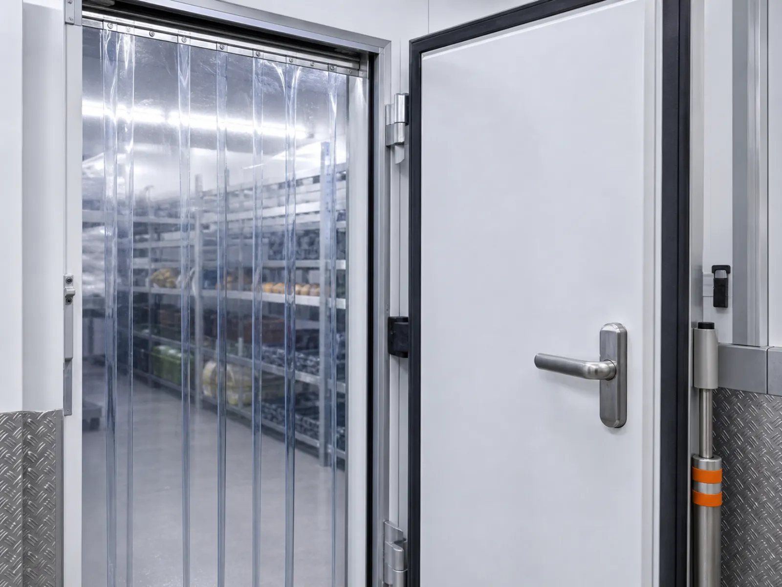 Kühlraumtür mit PVC-Streifenvorhang und dicht schließendem Rahmen in einem Lebensmittelbetrieb