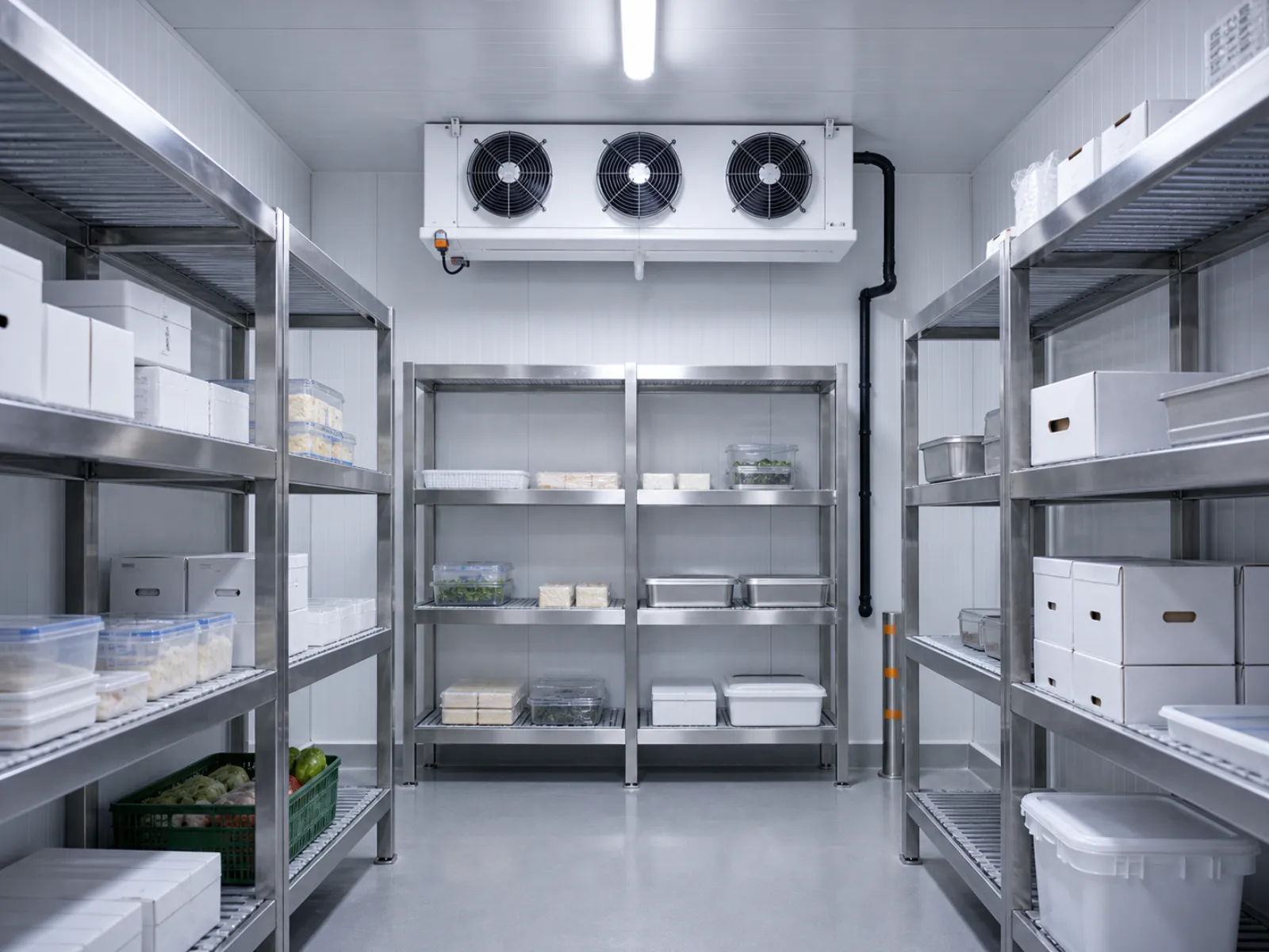 Verdampfer an der Decke eines Kühlraums mit freiem Luftweg und gut zugänglichem Servicebereich