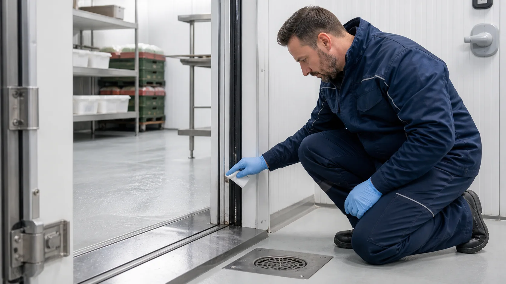 Reinigungs- und Hygienekontrolle im gewerblichen Kühlraum mit Fokus auf Türdichtung und Bodenablauf
